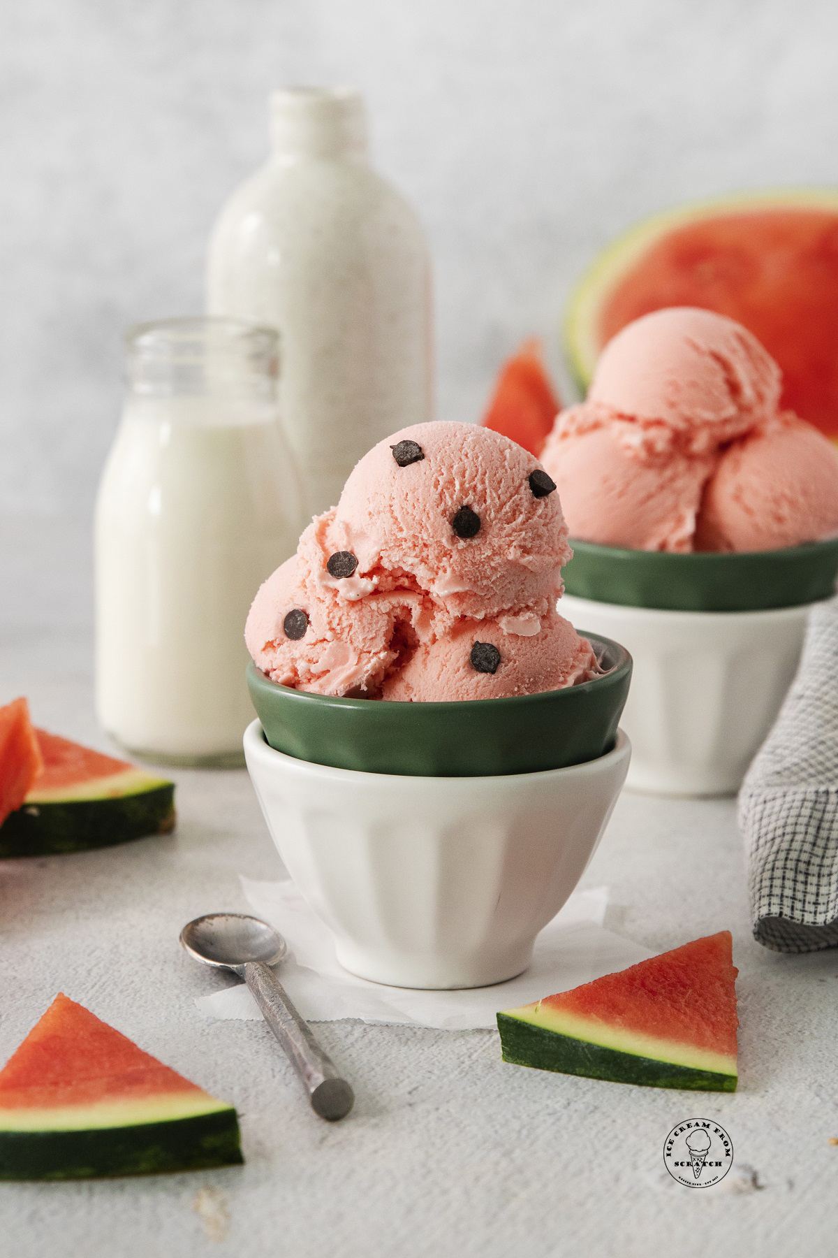a bowl of watermelon ice cream with chocolate chips added to look like seeds.