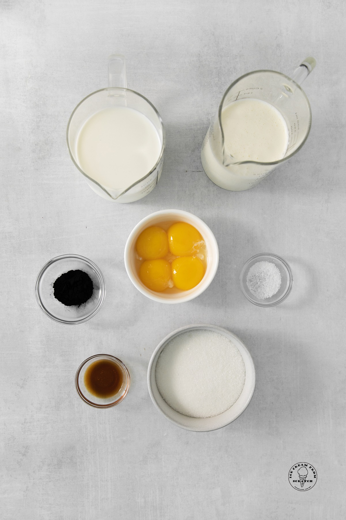 The ingredients needed to make homemade black ice cream, including activated charcoal.