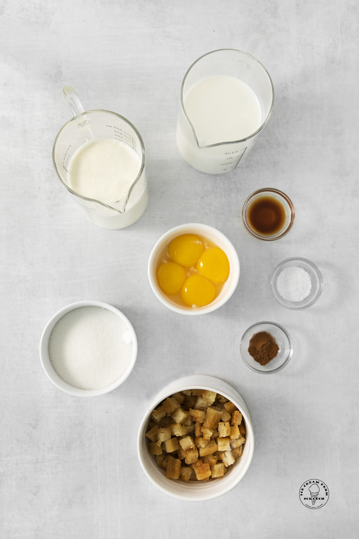 The ingredients needed to make ice cream with churros