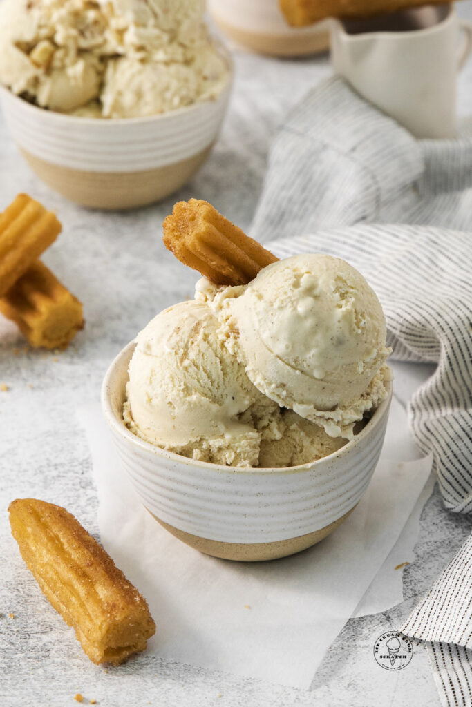 a bowl filled with scoops of cinnamon churro ice cream with a churro as garnish.