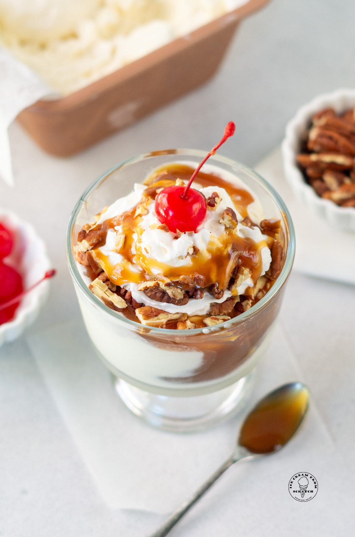 a turtle sundae in a glass dish with a cherry on top