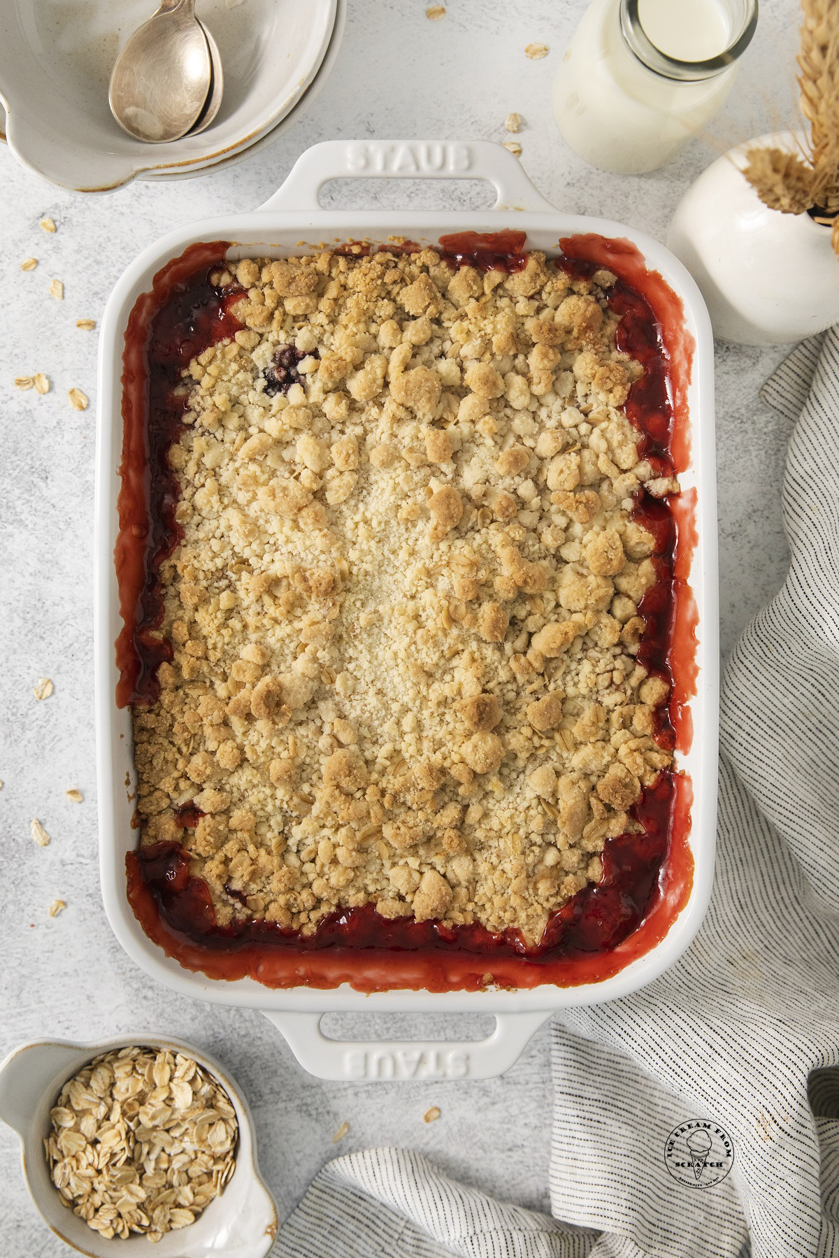 baked cherry cobbler with cake mix in a rectangle pan.