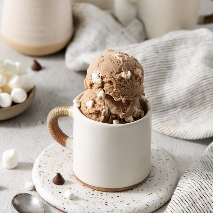 a whiter ceramic mug with a brown handle sitting on a speckled brown and white coaster, holding scooops of homemade hot chocolate ice cream. Marshmallows, chocolate chips and a small spoon are on the counter.